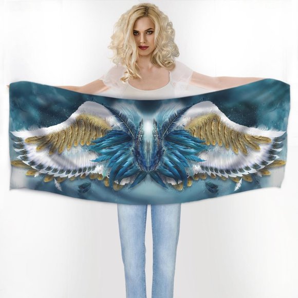 Blue & Gold Angel Feather Wings X-Long Crepe Scarf Wrap - Picture 11 of 13